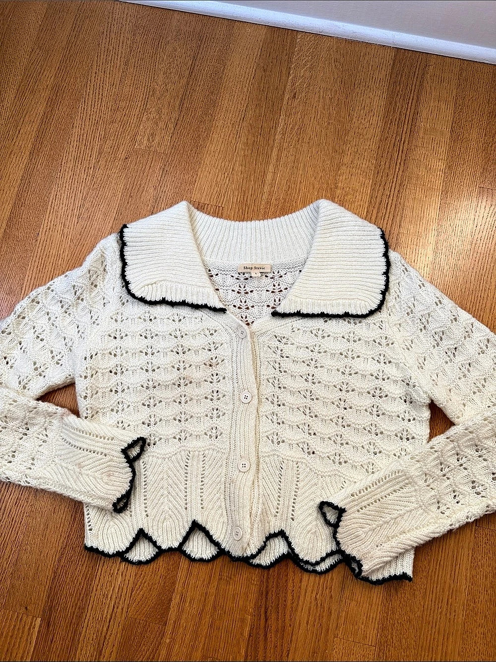 Shop Stevie Scalloped Collar Cardigan Cream & Black Large
